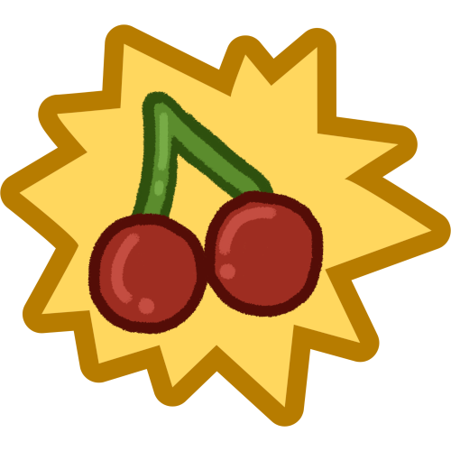 a yellow explosive shape with two cherries inside it